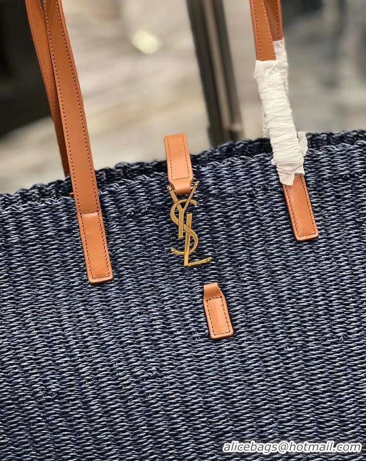 Good Taste SAINT LAURENT PANIER MEDIUM BAG IN CROCHET RAFFIA AND SMOOTH LEATHER 688221 dark blue