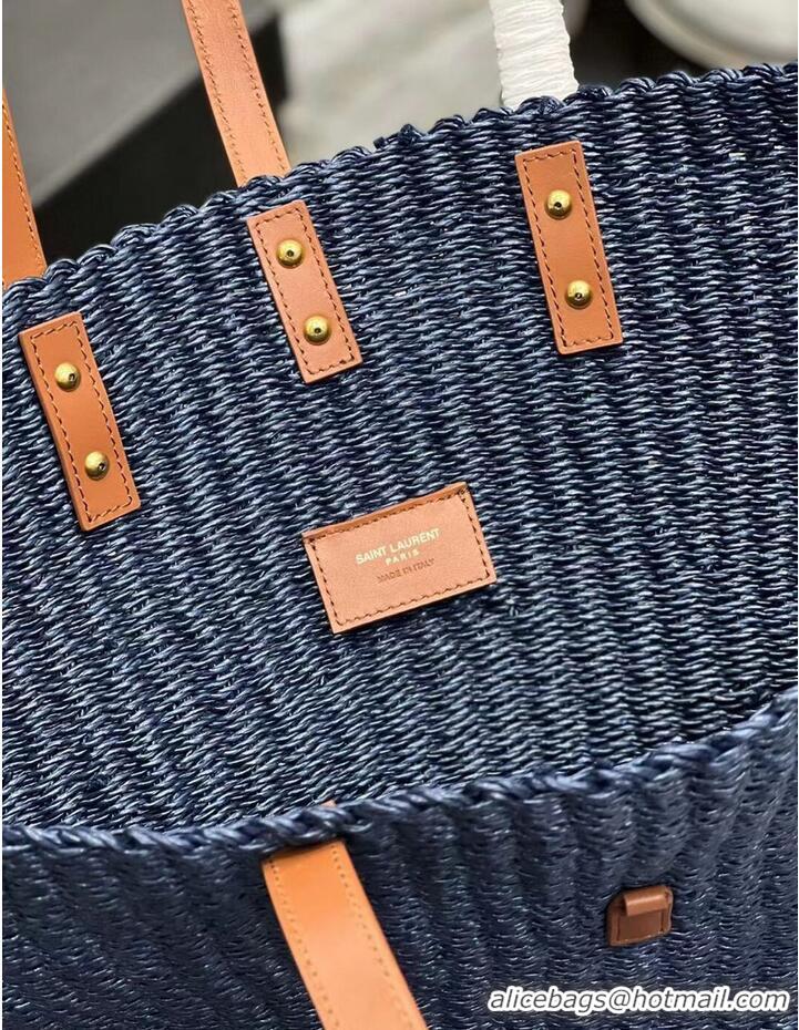 Good Taste SAINT LAURENT PANIER MEDIUM BAG IN CROCHET RAFFIA AND SMOOTH LEATHER 688221 dark blue