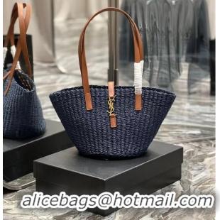 Well Crafted SAINT LAUREN PANIER SMALL BAG IN CROCHET RAFFIA AND SMOOTH LEATHER 685618 dark blue