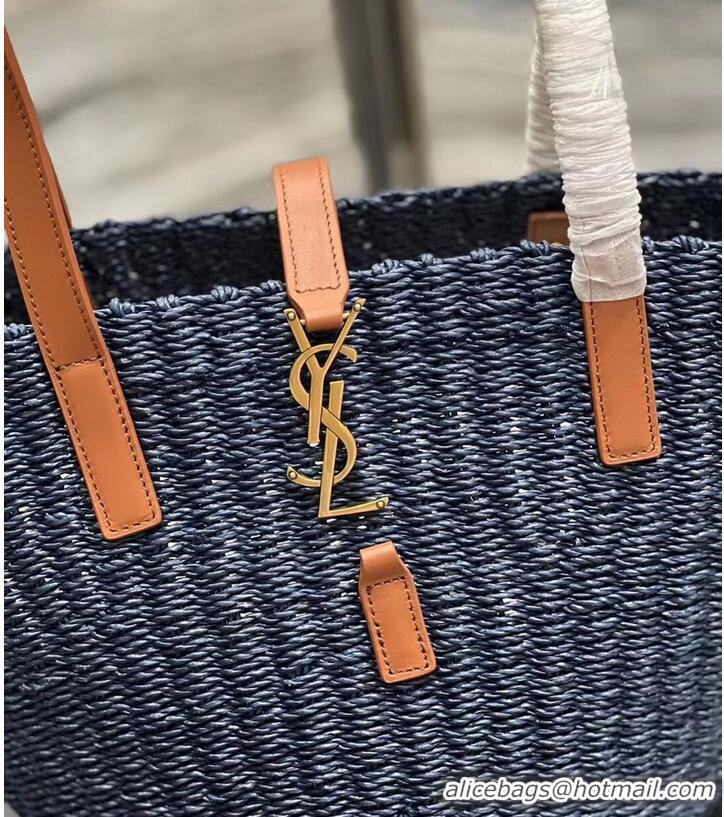 Well Crafted SAINT LAUREN PANIER SMALL BAG IN CROCHET RAFFIA AND SMOOTH LEATHER 685618 dark blue