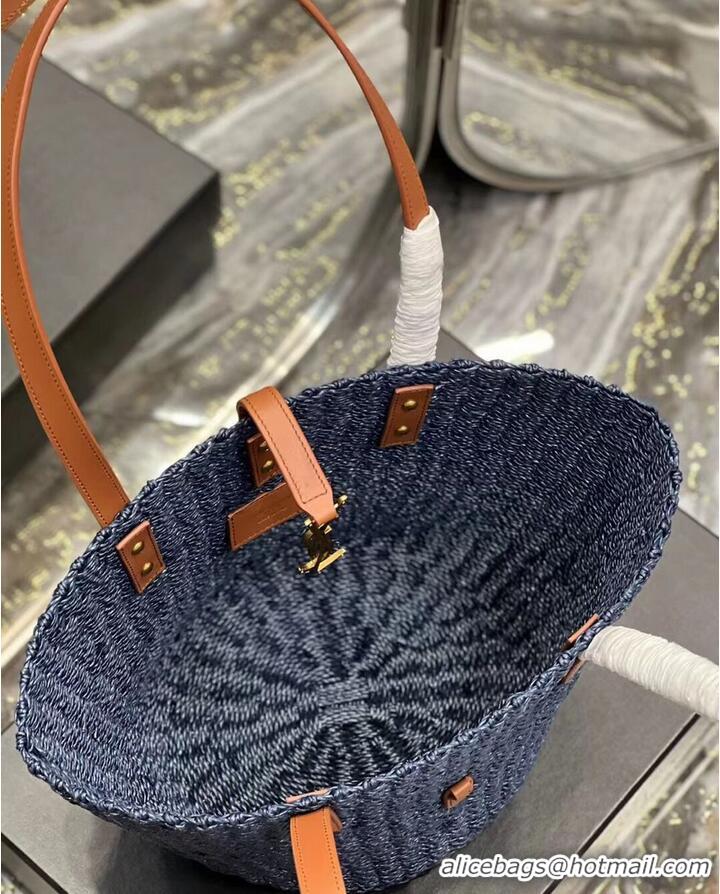 Well Crafted SAINT LAUREN PANIER SMALL BAG IN CROCHET RAFFIA AND SMOOTH LEATHER 685618 dark blue