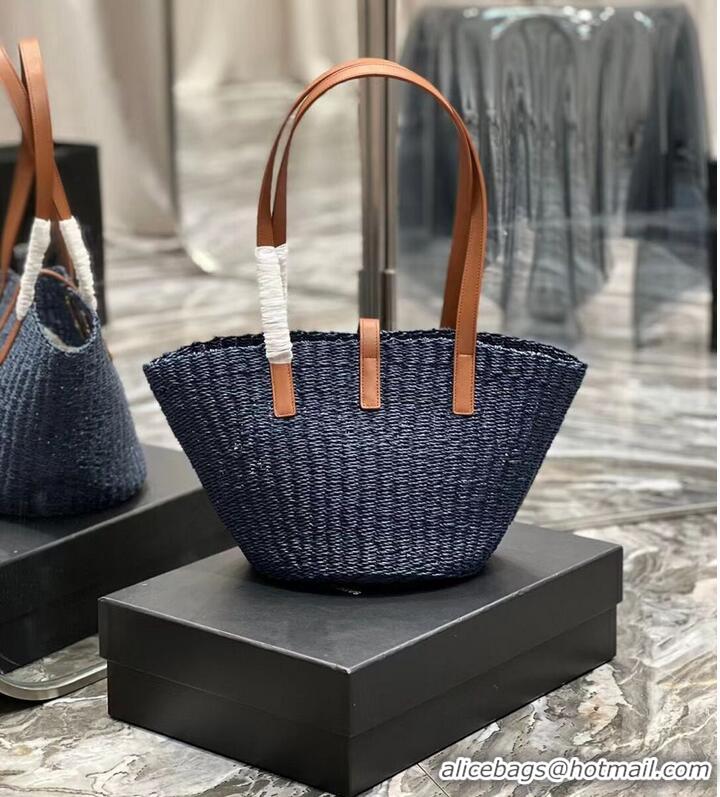 Well Crafted SAINT LAUREN PANIER SMALL BAG IN CROCHET RAFFIA AND SMOOTH LEATHER 685618 dark blue