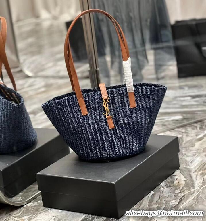 Well Crafted SAINT LAUREN PANIER SMALL BAG IN CROCHET RAFFIA AND SMOOTH LEATHER 685618 dark blue