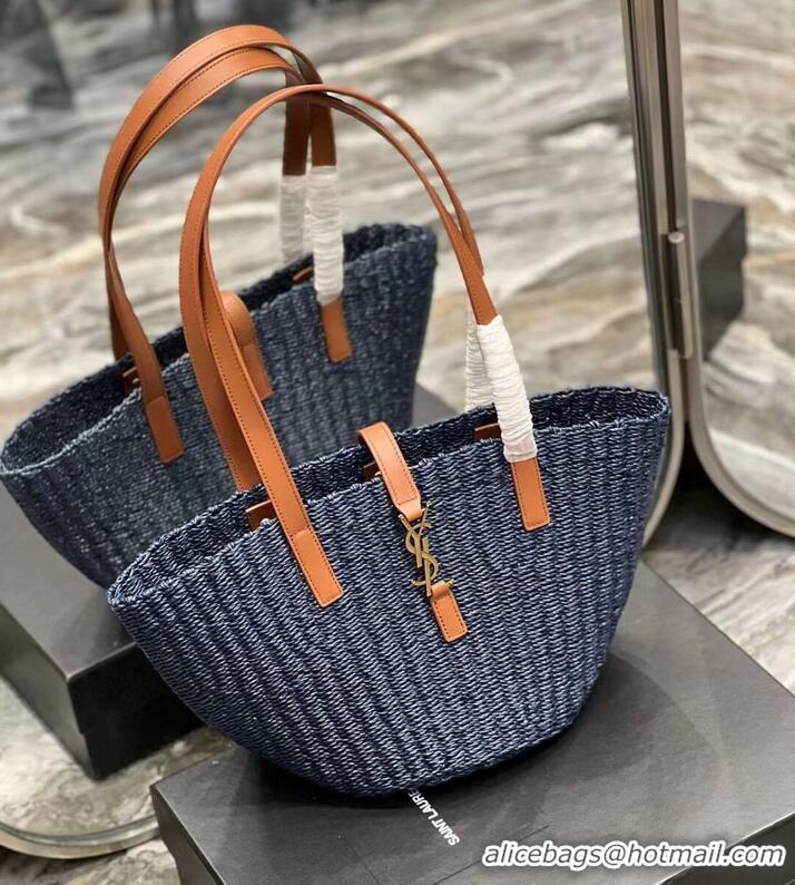 Well Crafted SAINT LAUREN PANIER SMALL BAG IN CROCHET RAFFIA AND SMOOTH LEATHER 685618 dark blue