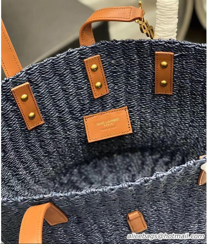 Well Crafted SAINT LAUREN PANIER SMALL BAG IN CROCHET RAFFIA AND SMOOTH LEATHER 685618 dark blue