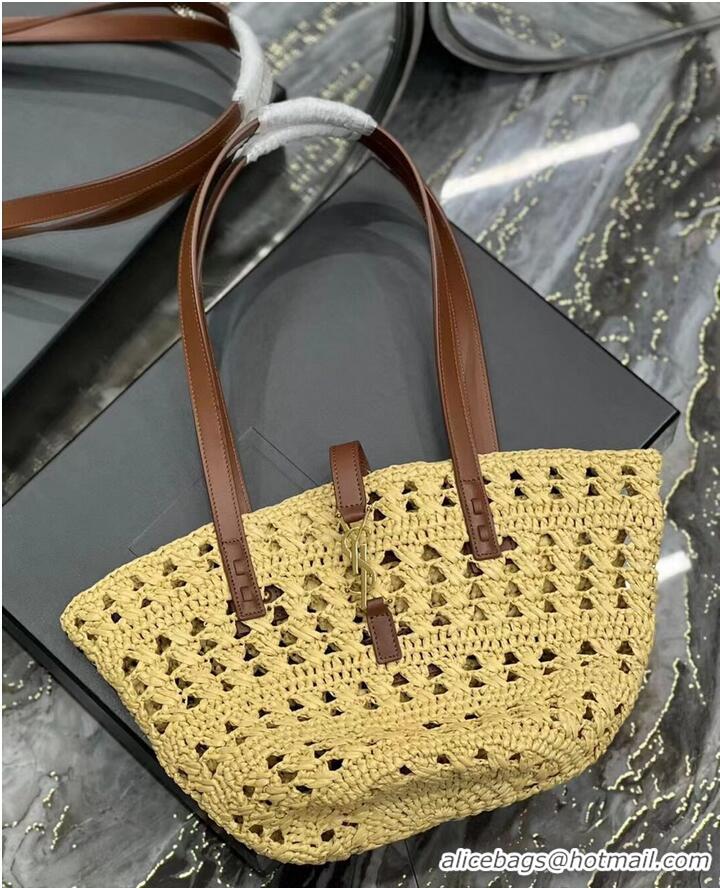 Super Quality SAINT LAUREN PANIER SMALL BAG IN CROCHET RAFFIA AND SMOOTH LEATHER 685618 NATUREL