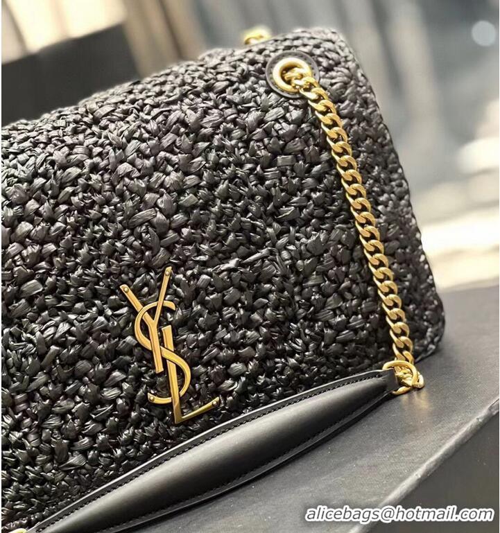 Pretty Style SAINT LAURENT JAMIE MEDIUM CHAIN BAG CARRE RIVE GAUCHE IN CROCHET RAFFIA AND SMOOTH LEATHER 515821 BLACK