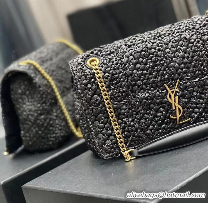 Pretty Style SAINT LAURENT JAMIE MEDIUM CHAIN BAG CARRE RIVE GAUCHE IN CROCHET RAFFIA AND SMOOTH LEATHER 515821 BLACK