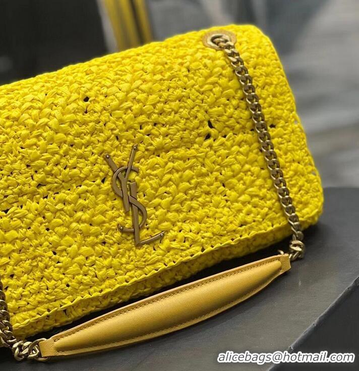 Shop SAINT LAURENT JAMIE MEDIUM CHAIN BAG CARRE RIVE GAUCHE IN CROCHET RAFFIA AND SMOOTH LEATHER 515821 YELLOW