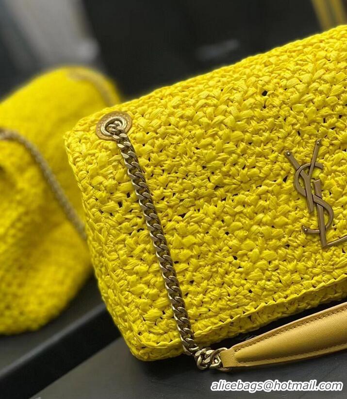 Shop SAINT LAURENT JAMIE MEDIUM CHAIN BAG CARRE RIVE GAUCHE IN CROCHET RAFFIA AND SMOOTH LEATHER 515821 YELLOW