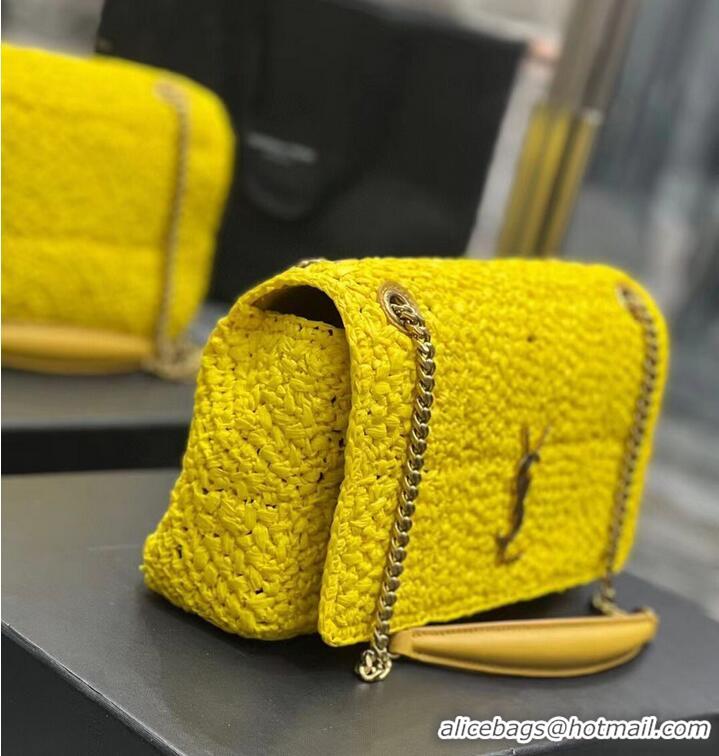 Shop SAINT LAURENT JAMIE MEDIUM CHAIN BAG CARRE RIVE GAUCHE IN CROCHET RAFFIA AND SMOOTH LEATHER 515821 YELLOW