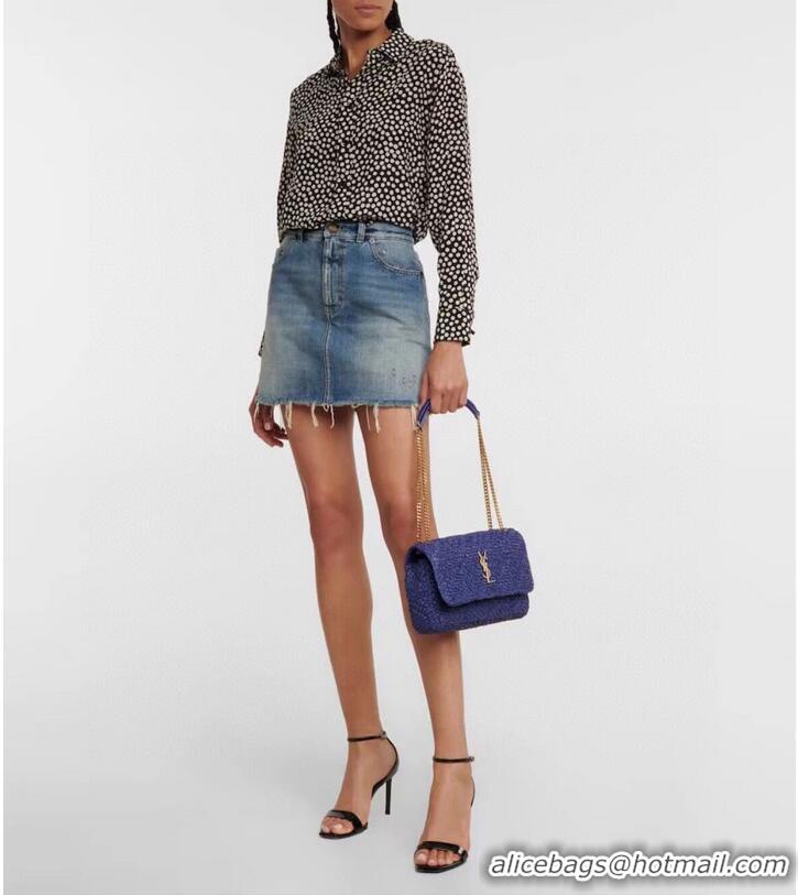 Inexpensive SAINT LAURENT JAMIE MEDIUM CHAIN BAG CARRE RIVE GAUCHE IN CROCHET RAFFIA AND SMOOTH LEATHER 515821 BLUE