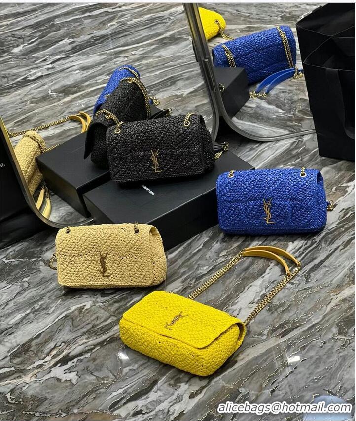 Inexpensive SAINT LAURENT JAMIE MEDIUM CHAIN BAG CARRE RIVE GAUCHE IN CROCHET RAFFIA AND SMOOTH LEATHER 515821 BLUE