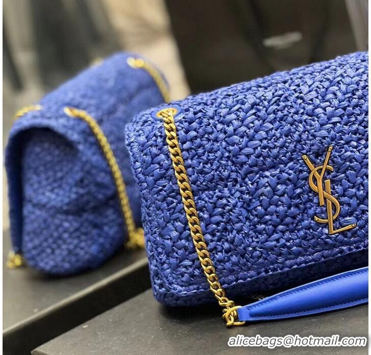 Inexpensive SAINT LAURENT JAMIE MEDIUM CHAIN BAG CARRE RIVE GAUCHE IN CROCHET RAFFIA AND SMOOTH LEATHER 515821 BLUE