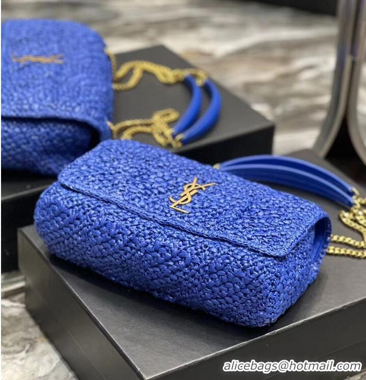 Inexpensive SAINT LAURENT JAMIE MEDIUM CHAIN BAG CARRE RIVE GAUCHE IN CROCHET RAFFIA AND SMOOTH LEATHER 515821 BLUE