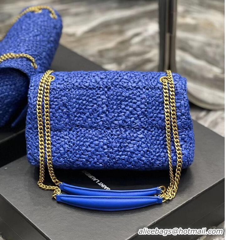 Inexpensive SAINT LAURENT JAMIE MEDIUM CHAIN BAG CARRE RIVE GAUCHE IN CROCHET RAFFIA AND SMOOTH LEATHER 515821 BLUE