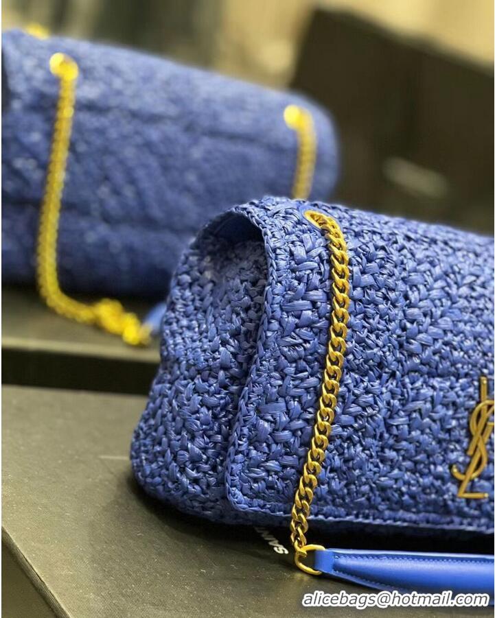 Inexpensive SAINT LAURENT JAMIE MEDIUM CHAIN BAG CARRE RIVE GAUCHE IN CROCHET RAFFIA AND SMOOTH LEATHER 515821 BLUE