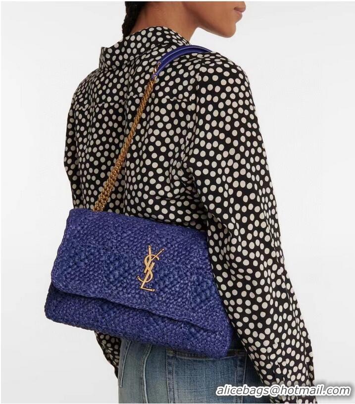 Inexpensive SAINT LAURENT JAMIE MEDIUM CHAIN BAG CARRE RIVE GAUCHE IN CROCHET RAFFIA AND SMOOTH LEATHER 515821 BLUE