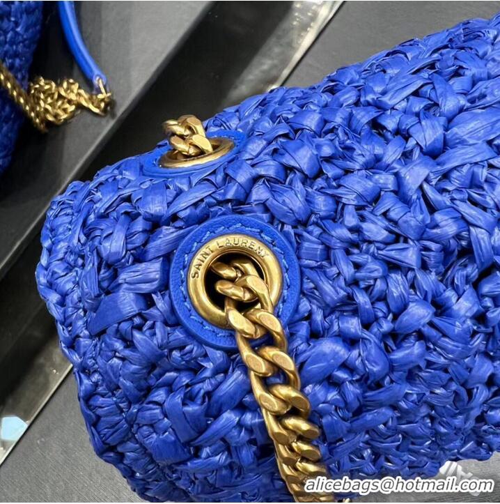 Inexpensive SAINT LAURENT JAMIE MEDIUM CHAIN BAG CARRE RIVE GAUCHE IN CROCHET RAFFIA AND SMOOTH LEATHER 515821 BLUE