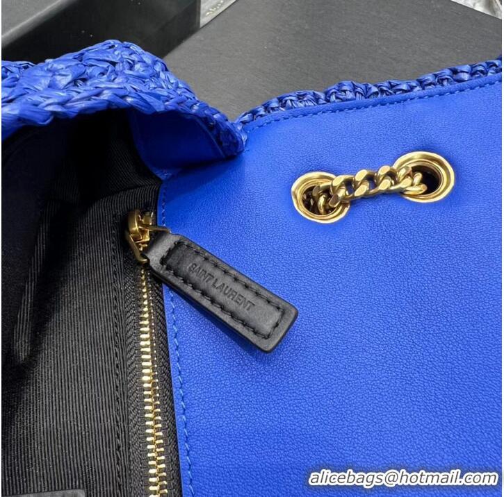 Inexpensive SAINT LAURENT JAMIE MEDIUM CHAIN BAG CARRE RIVE GAUCHE IN CROCHET RAFFIA AND SMOOTH LEATHER 515821 BLUE