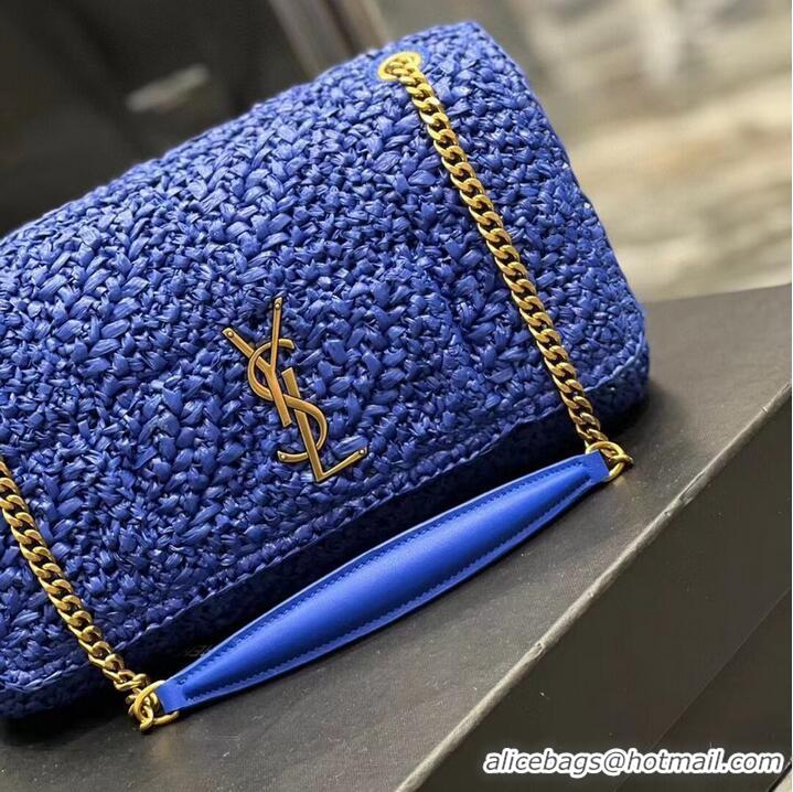 Inexpensive SAINT LAURENT JAMIE MEDIUM CHAIN BAG CARRE RIVE GAUCHE IN CROCHET RAFFIA AND SMOOTH LEATHER 515821 BLUE