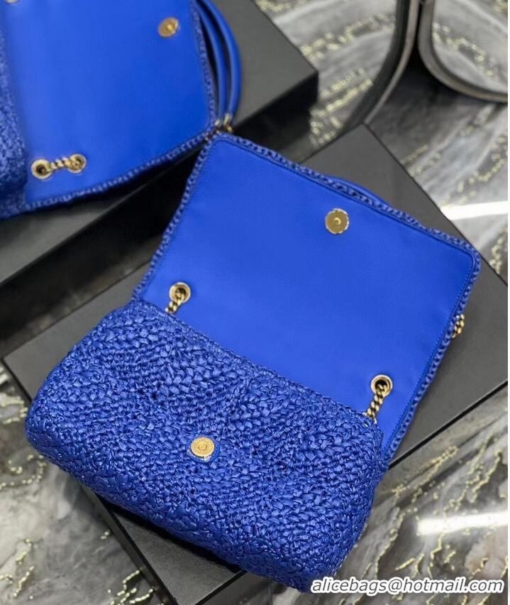 Inexpensive SAINT LAURENT JAMIE MEDIUM CHAIN BAG CARRE RIVE GAUCHE IN CROCHET RAFFIA AND SMOOTH LEATHER 515821 BLUE