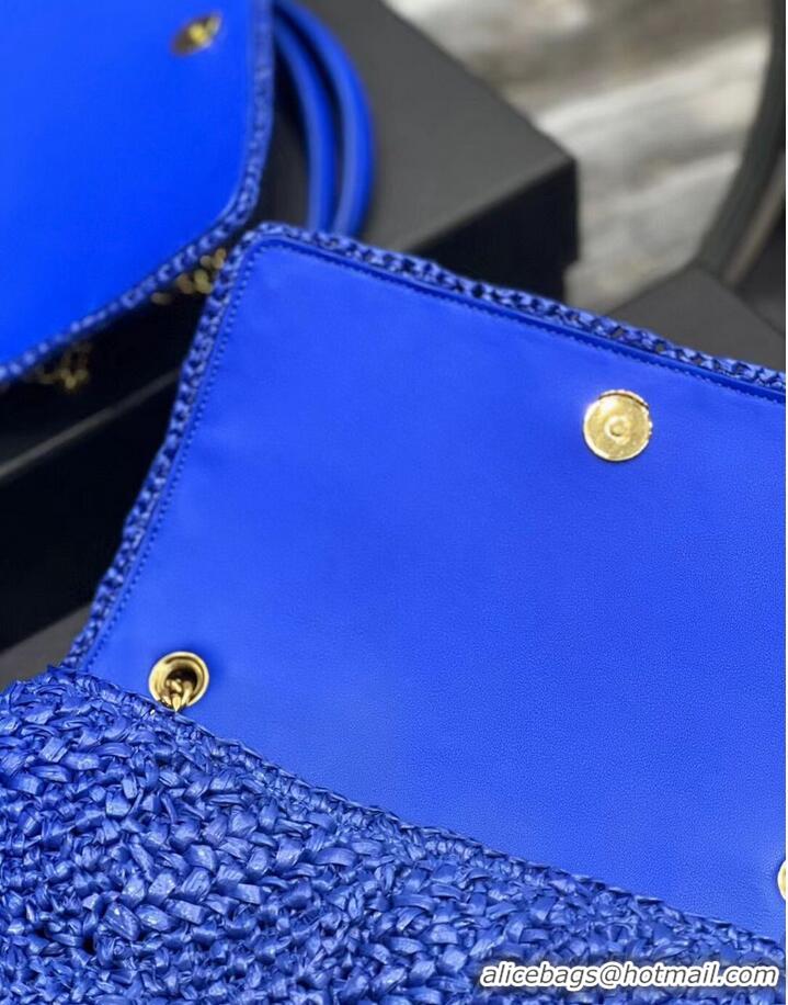 Inexpensive SAINT LAURENT JAMIE MEDIUM CHAIN BAG CARRE RIVE GAUCHE IN CROCHET RAFFIA AND SMOOTH LEATHER 515821 BLUE