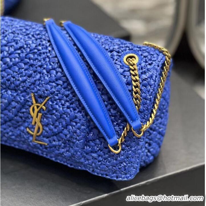 Inexpensive SAINT LAURENT JAMIE MEDIUM CHAIN BAG CARRE RIVE GAUCHE IN CROCHET RAFFIA AND SMOOTH LEATHER 515821 BLUE