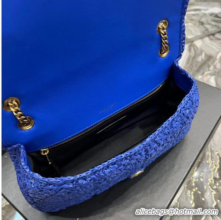 Inexpensive SAINT LAURENT JAMIE MEDIUM CHAIN BAG CARRE RIVE GAUCHE IN CROCHET RAFFIA AND SMOOTH LEATHER 515821 BLUE