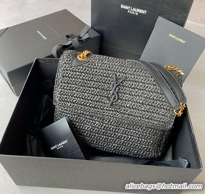 Famous Brand SAINT LAURENT NIKI MEDIUM CHAIN BAG IN RAFFIA 498894 BLACK