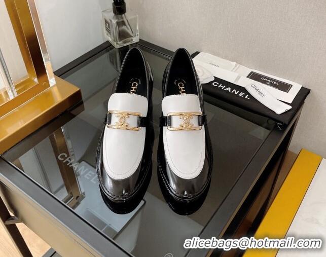 AAAAA Chanel Shiny Calfskin Loafers 5.5cm G39320 Black/White