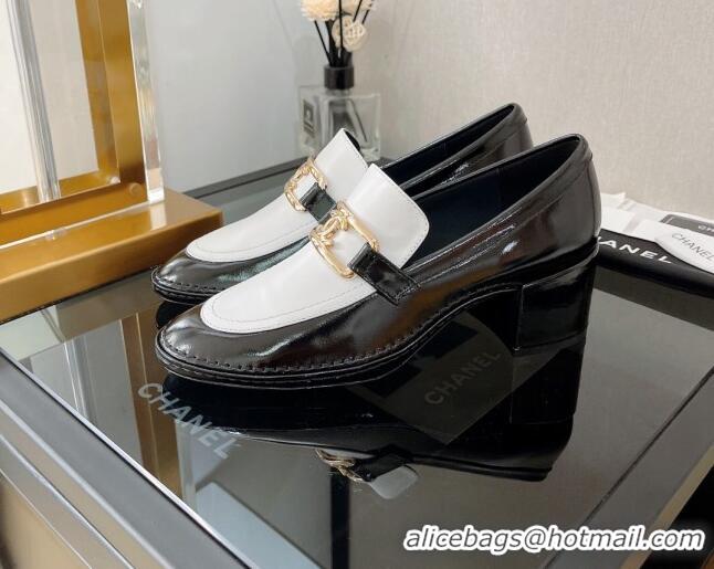 AAAAA Chanel Shiny Calfskin Loafers 5.5cm G39320 Black/White