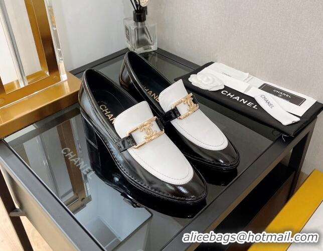 AAAAA Chanel Shiny Calfskin Loafers 5.5cm G39320 Black/White