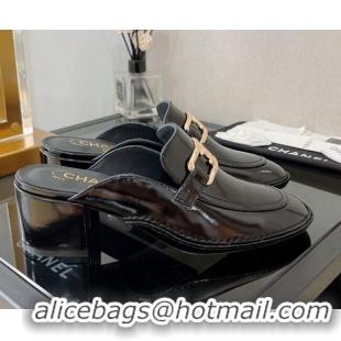 Top Quality Chanel Shiny Calfskin Mules 5.5cm G39320 Black Leather