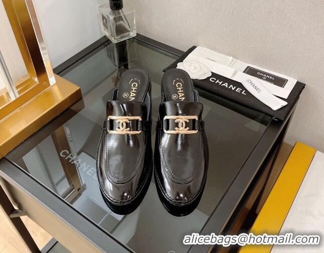 Top Quality Chanel Shiny Calfskin Mules 5.5cm G39320 Black Leather