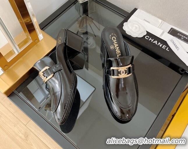 Top Quality Chanel Shiny Calfskin Mules 5.5cm G39320 Black Leather