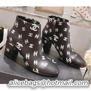 Good Quality Chanel CC Print Leather Ankle Boots 6.5cm Black 082437