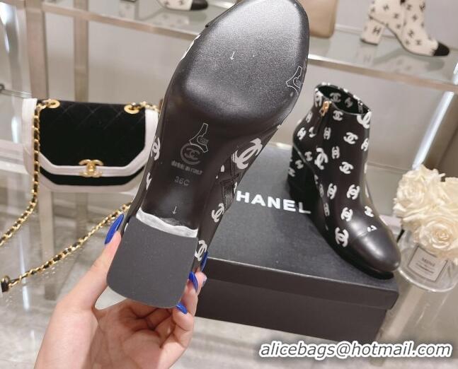 Good Quality Chanel CC Print Leather Ankle Boots 6.5cm Black 082437