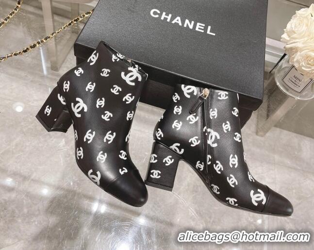 Good Quality Chanel CC Print Leather Ankle Boots 6.5cm Black 082437