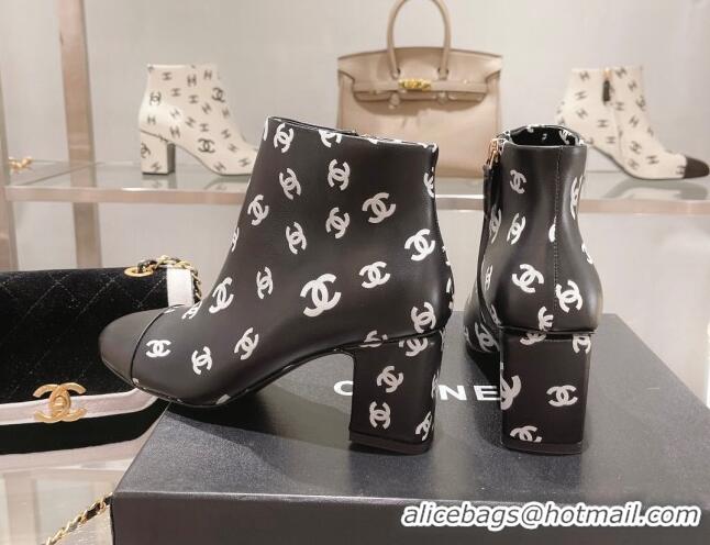 Good Quality Chanel CC Print Leather Ankle Boots 6.5cm Black 082437