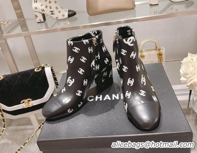 Good Quality Chanel CC Print Leather Ankle Boots 6.5cm Black 082437