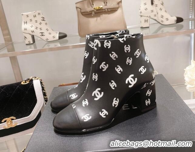 Good Quality Chanel CC Print Leather Ankle Boots 6.5cm Black 082437