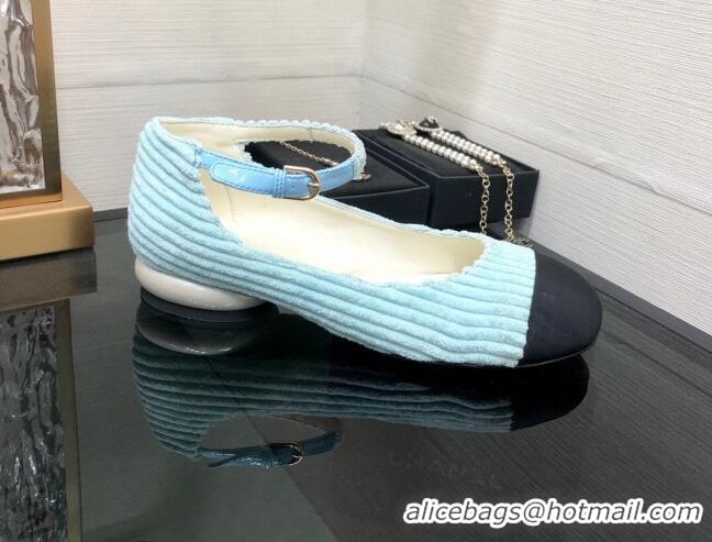 Top Grade Chanel Corduroy Mary Janes Ballerinas G39281 Light Blue