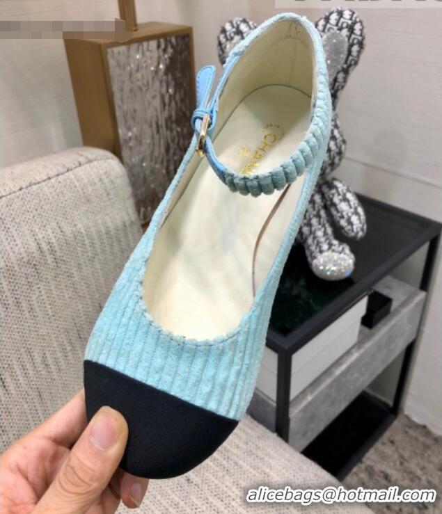 Top Grade Chanel Corduroy Mary Janes Ballerinas G39281 Light Blue