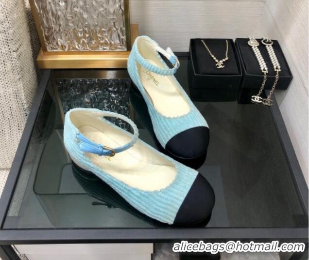 Top Grade Chanel Corduroy Mary Janes Ballerinas G39281 Light Blue