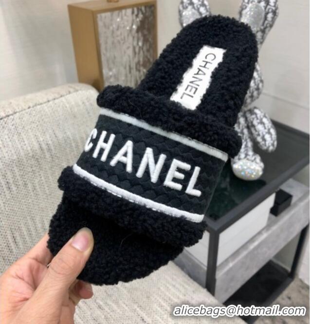 Elegant Chanel Shearling Flat Slide Sandals Black 082462