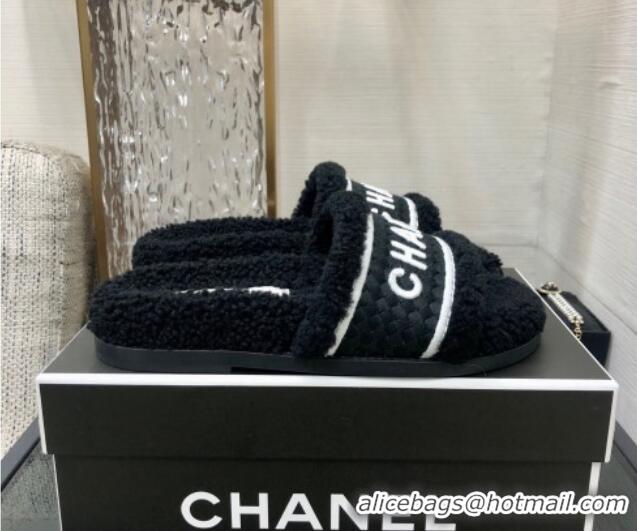 Elegant Chanel Shearling Flat Slide Sandals Black 082462