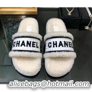 Super Quality Chanel Shearling Flat Slide Sandals White 082463