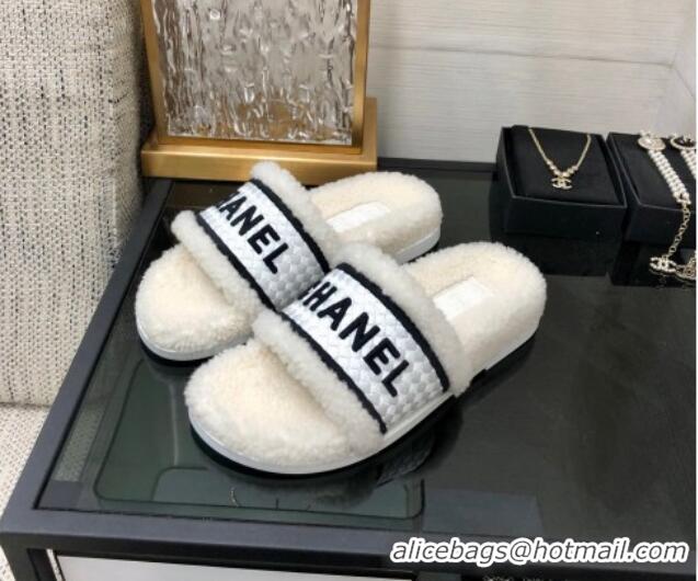 Super Quality Chanel Shearling Flat Slide Sandals White 082463