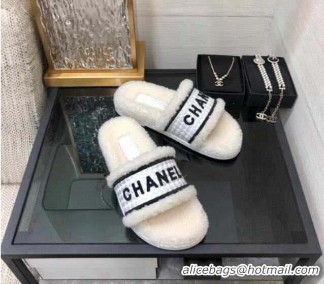 Super Quality Chanel Shearling Flat Slide Sandals White 082463